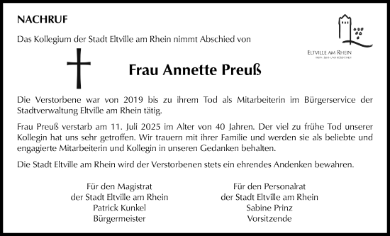 Traueranzeige von Annette Preuß von Rheingau Kurier