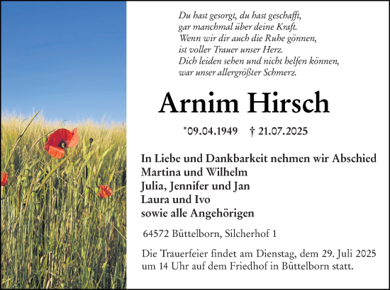 Traueranzeige von Arnim Hirsch von Groß-Gerauer Echo