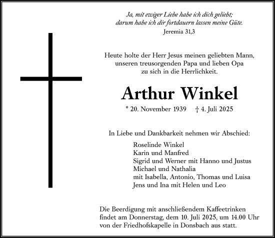 Traueranzeige von Arthur Winkel von Dill Block