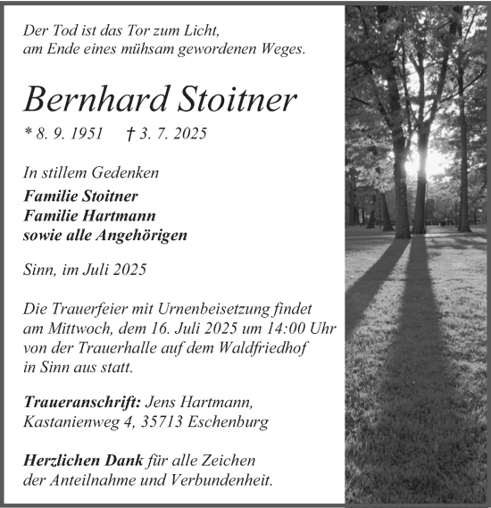 Traueranzeige von Bernhard Stoitner von Dill Block