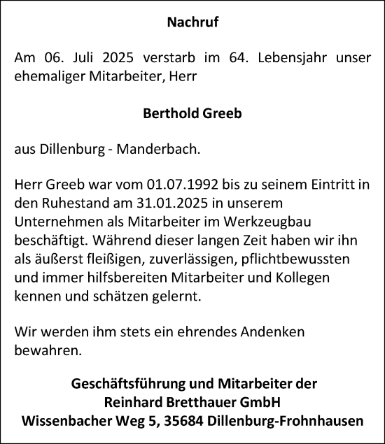 Traueranzeige von Berthold Greeb von Dill Block