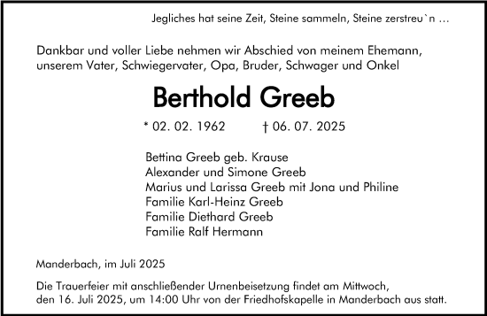 Traueranzeige von Berthold Greeb von Dill Block