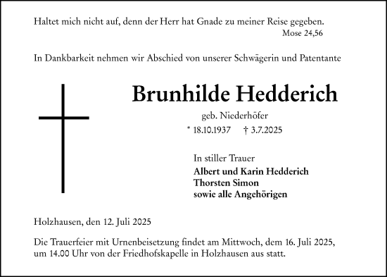Traueranzeige von Brunhilde Hedderich von Hinterländer Anzeiger