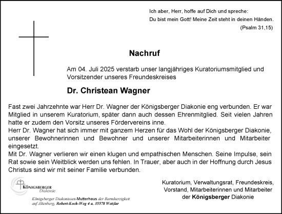 Traueranzeige von Christean Wagner von Wetzlarer Neue Zeitung