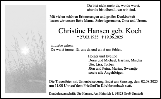 Traueranzeige von Christine Hansen von Odenwälder Echo