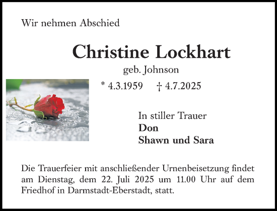 Traueranzeige von Christine Lockhart von Darmstädter Echo