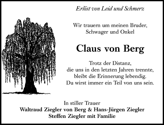 Traueranzeige von Claus von Berg von Dieburger Anzeiger/Groß-Zimmerner Lokal-Anzeiger