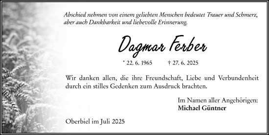 Traueranzeige von Dagmar Ferber von Wetzlarer Neue Zeitung