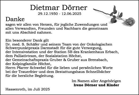 Traueranzeige von Dietmar Dörner von Odenwälder Echo