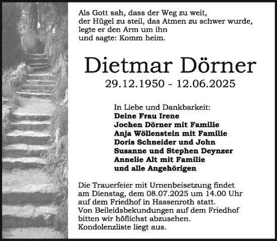 Traueranzeige von Dietmar Dörner von Odenwälder Echo