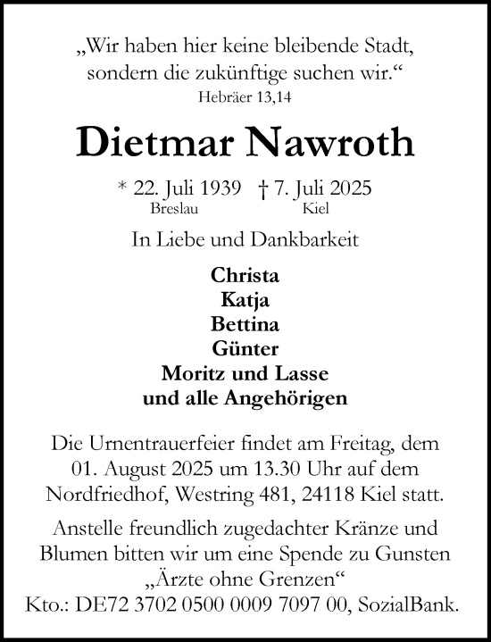 Traueranzeige von Dietmar Nawroth von Allgemeine Zeitung Mainz
