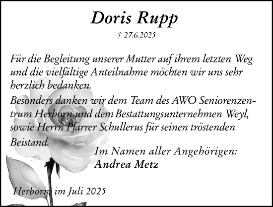 Traueranzeige von Doris Rupp von Dill Block