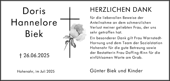 Traueranzeige von Doris Hannelore Biek von Wetzlarer Neue Zeitung