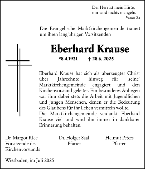 Traueranzeige von Eberhard Krause von Wiesbadener Kurier