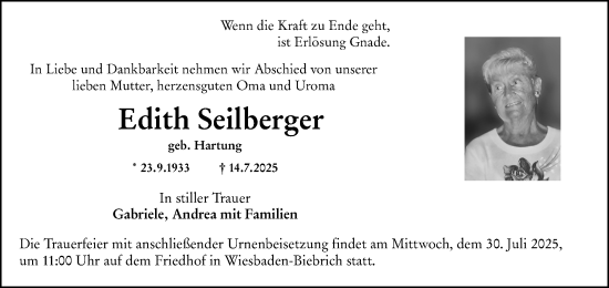 Traueranzeige von Edith Seilberger von Wiesbadener Kurier