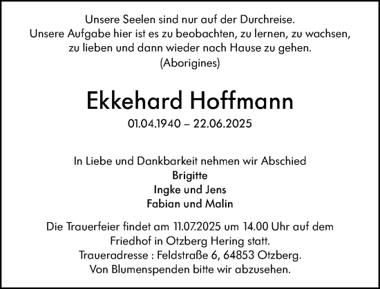 Traueranzeige von Ekkehard Hoffmann von Darmstädter Echo