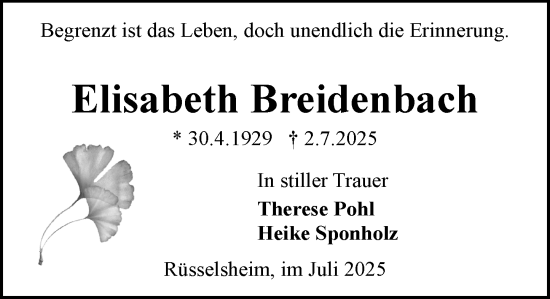 Traueranzeige von Elisabeth Breidenbach von Rüsselsheimer Echo