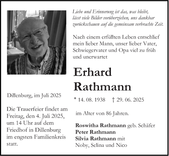 Traueranzeige von Erhard Rathmann von Dill Block