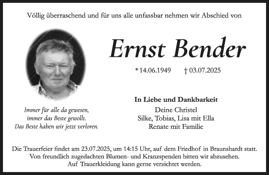 Traueranzeige von Ernst Bender von Darmstädter Echo