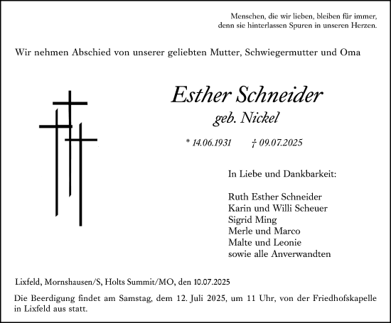 Traueranzeige von Esther Schneider von Hinterländer Anzeiger