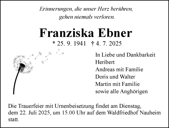 Traueranzeige von Franziska Ebner von Rüsselsheimer Echo