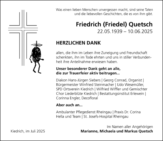 Traueranzeige von Friedrich Quetsch von Rheingau Kurier