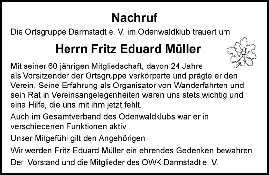 Traueranzeige von Fritz Eduard Müller von Darmstädter Echo