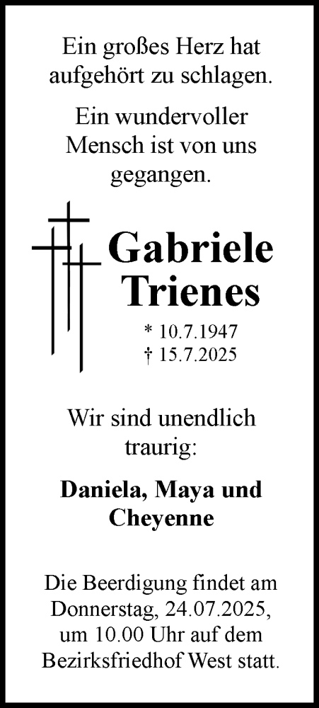 Traueranzeige von Gabriele Trienes von Allgemeine Zeitung Mainz