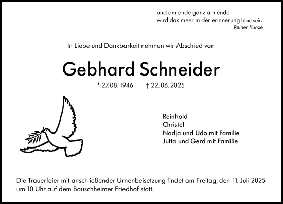 Traueranzeige von Gebhard Schneider von Rüsselsheimer Echo