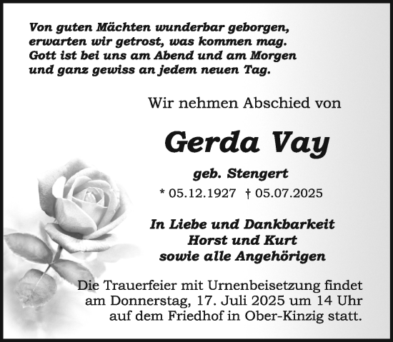 Traueranzeige von Gerda Vay von Odenwälder Echo