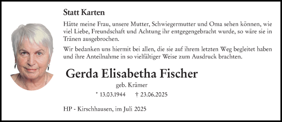 Traueranzeige von Gerda Elisabetha Fischer von Starkenburger Echo