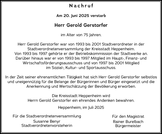 Traueranzeige von Gerold Gerstorfer von Starkenburger Echo