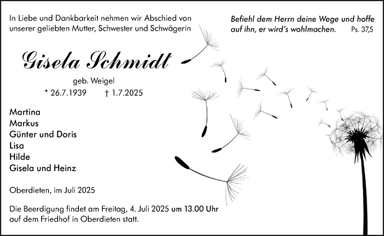 Traueranzeige von Gisela Schmidt von Hinterländer Anzeiger
