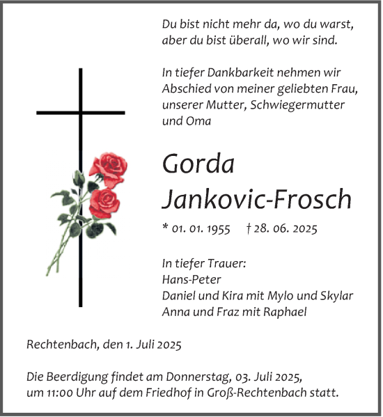 Traueranzeige von Gorda Jankovic-Frosch von Wetzlarer Neue Zeitung