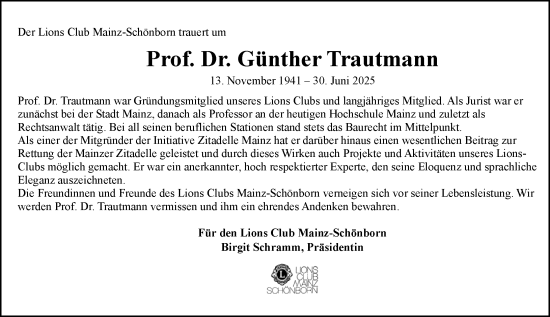 Traueranzeige von Günther Trautmann von Allgemeine Zeitung Mainz