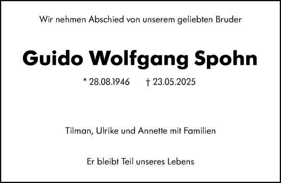 Traueranzeige von Guido Wolfgang Spohn von Allgemeine Zeitung Mainz
