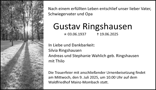 Traueranzeige von Gustav Ringshausen von Allgemeine Zeitung Mainz
