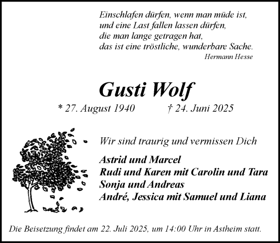 Traueranzeige von Gusti Wolf von Rüsselsheimer Echo