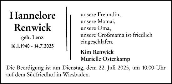 Traueranzeige von Hannelore Renwick von Wiesbadener Kurier