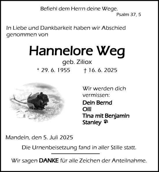 Traueranzeige von Hannelore Weg von Dill Block