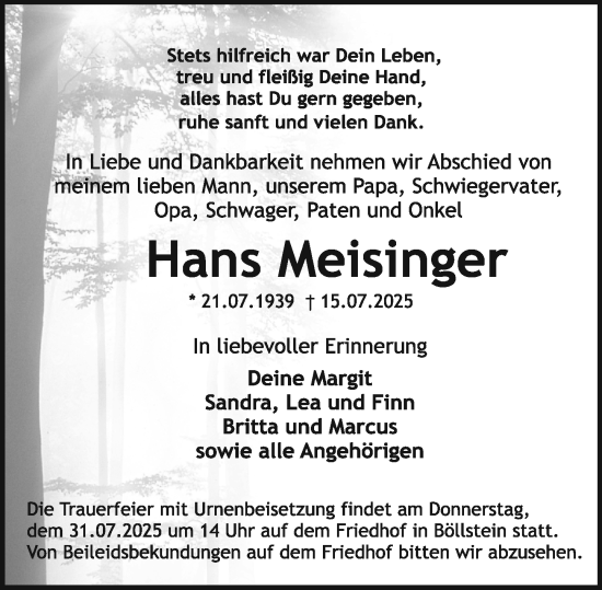 Traueranzeige von Hans Meisinger von Odenwälder Echo