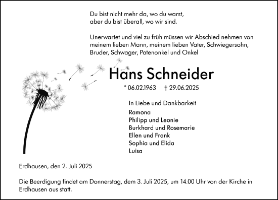 Traueranzeige von Hans Schneider von Dill Block