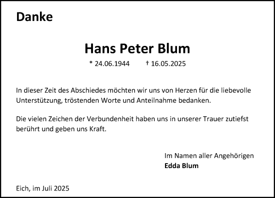 Traueranzeige von Hans Peter Blum von Wormser Zeitung
