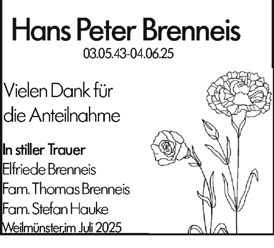 Traueranzeige von Hans Peter Brenneis von Weilburger Tageblatt