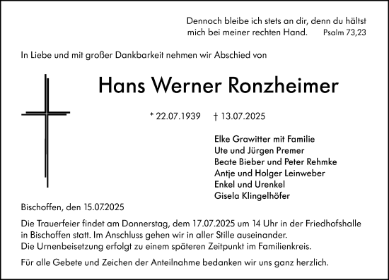 Traueranzeige von Hans Werner Ronzheimer von Hinterländer Anzeiger