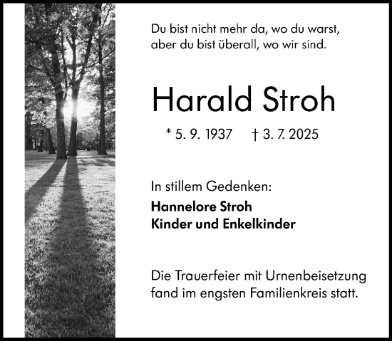 Traueranzeige von Harald Stroh von Weilburger Tageblatt