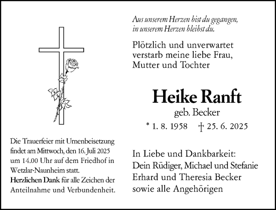 Traueranzeige von Heike Ranft von Wetzlarer Neue Zeitung
