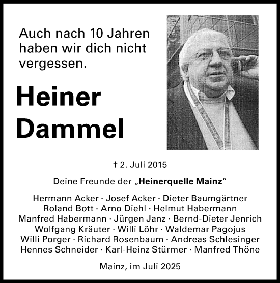 Traueranzeige von Heiner Dammel von Allgemeine Zeitung Mainz