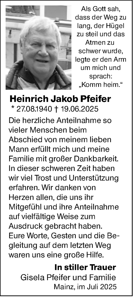 Traueranzeige von Heinrich Jakob Pfeifer von Allgemeine Zeitung Mainz