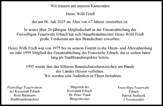 Traueranzeige von Heinz Willi Friel von Odenwälder Echo